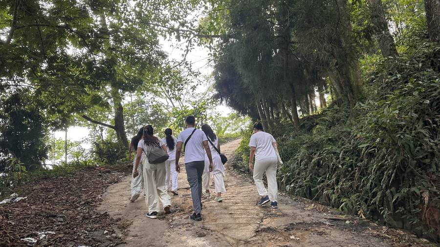 Group hiking through Dunagiri's forest trails