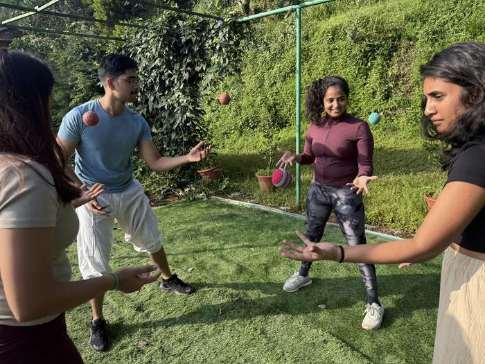 Playful group activity on the lawn